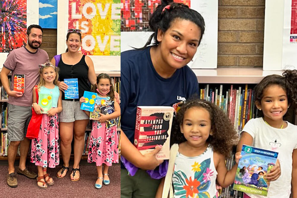 Summer Break Baltimore 2022 photos - families with books by LOVE mural
