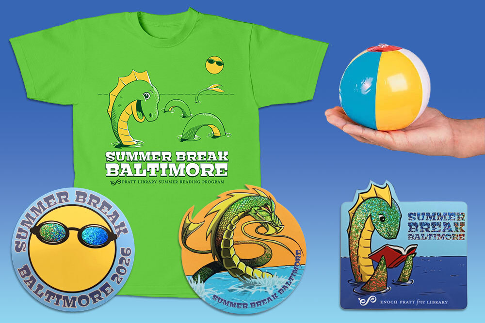 Summer Break Baltimore 2026 t-shirt, stickers, and mini beach ball.