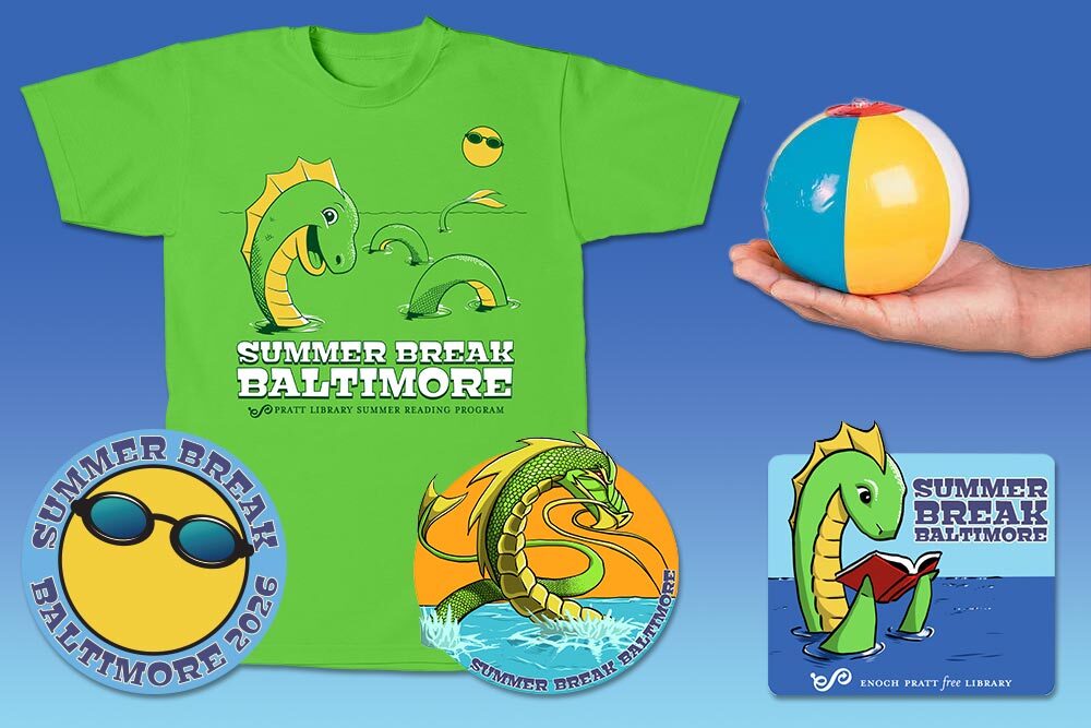 Summer Break Baltimore 2026 t-shirt, stickers, and mini beach ball.