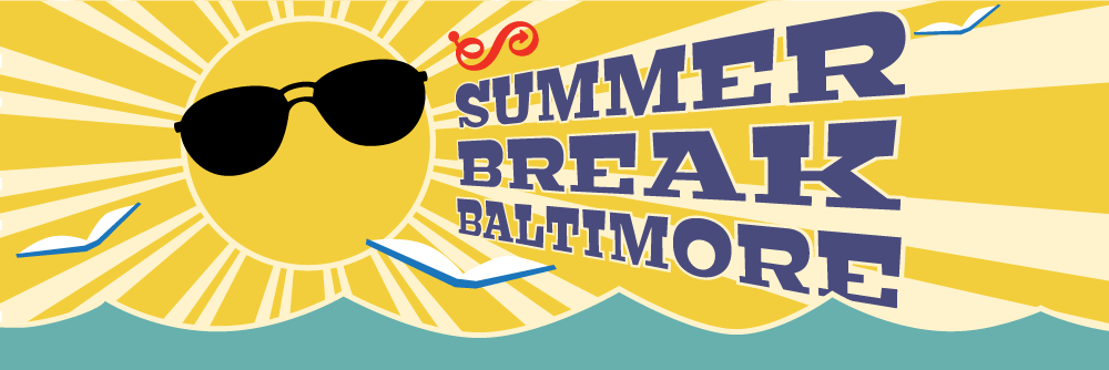 Summer Break Baltimore with Pratt Library logo, sun, sunglasses, waves, and flying books
