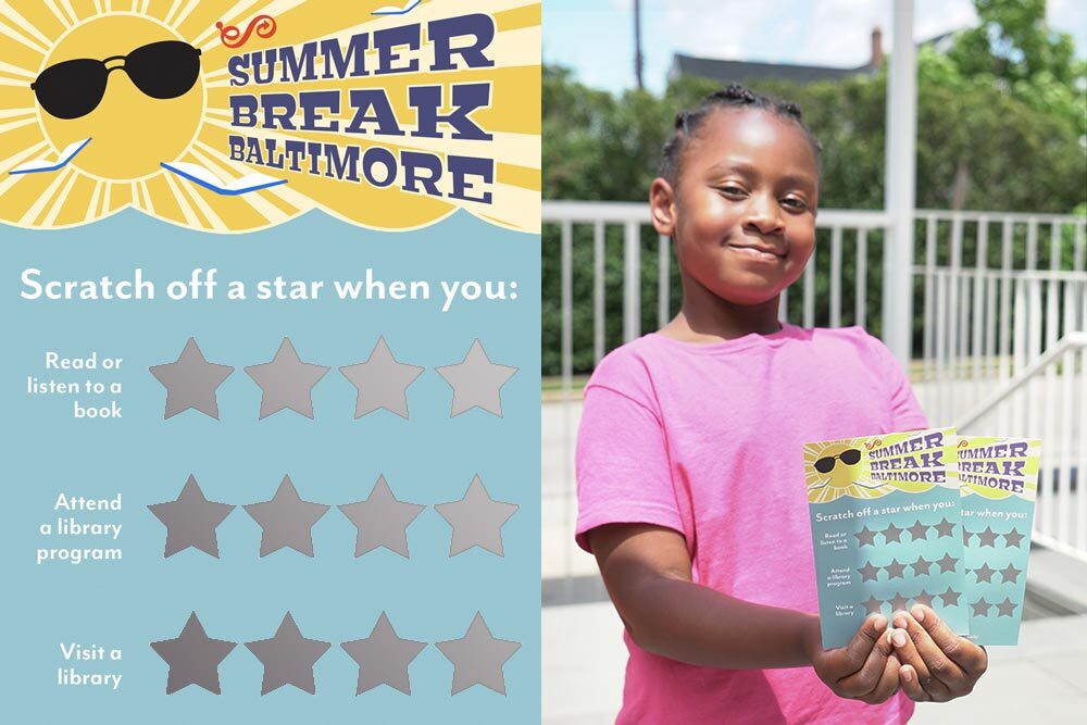 Summer Break 2022 scratch off cards - graphic with stars and instructions, girl holding cards outside