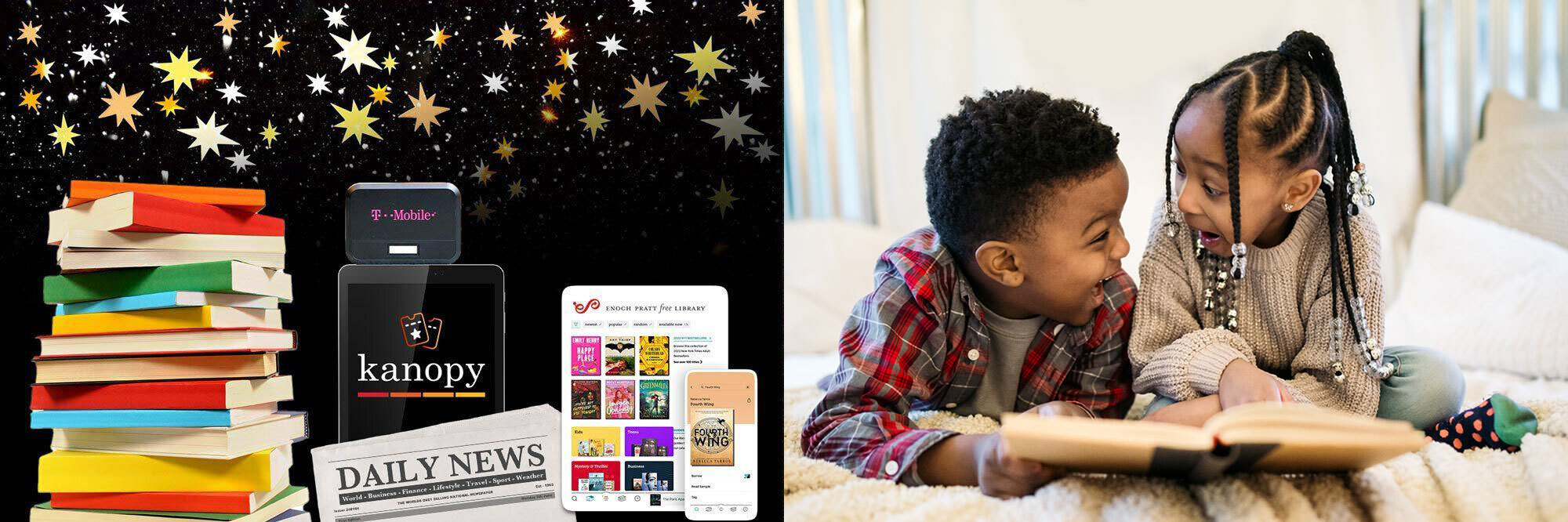 New year at the Pratt Library - items to borrow and happy kids with a book