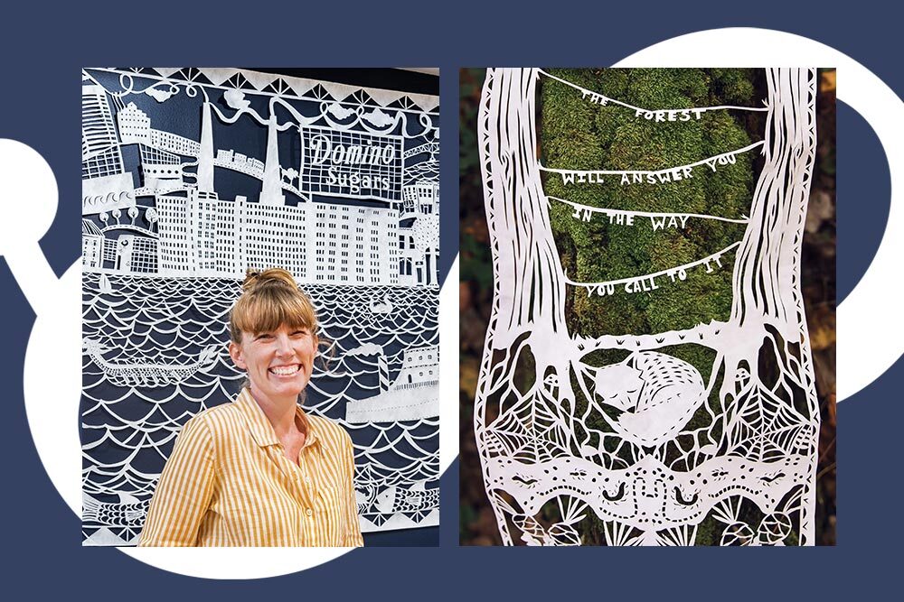 Artist in residence Annie Howe and cut paper examples - sugar boat and woodland forest art with a Pratt logo blue background