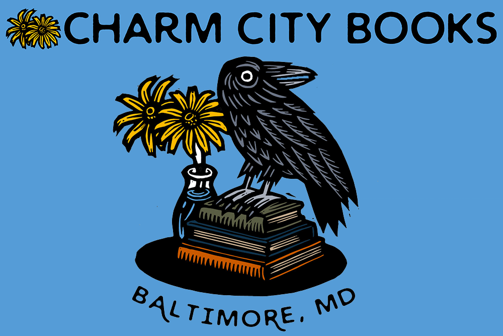 Charm City Books graphics on blue