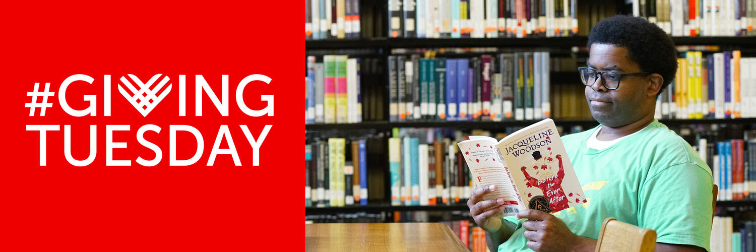 Giving Tuesday - logo on ed and a person reading at the library