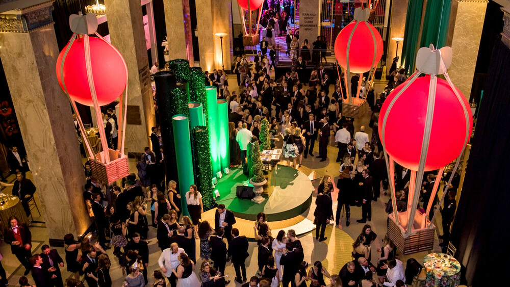 Pratt Contemporaries Black and White Party 2020, in Central Library with red balloons