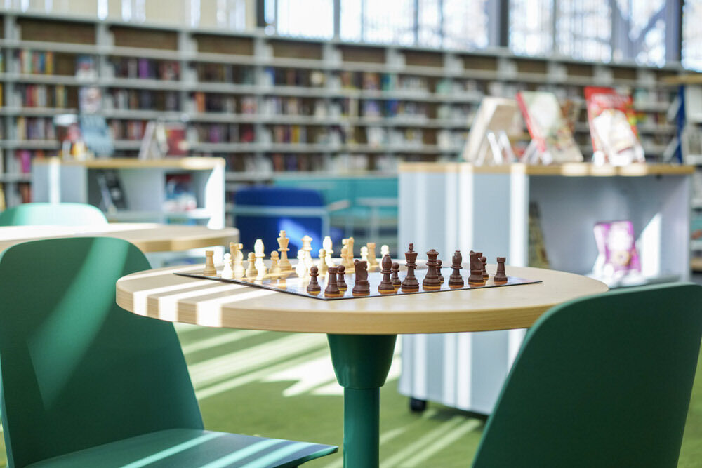 chess set table at the Brooklyn Branch