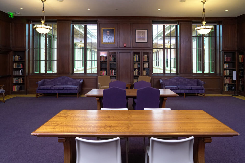 Poe Room at the Central Library - tables and chairs and couches, windows facing Central Hall