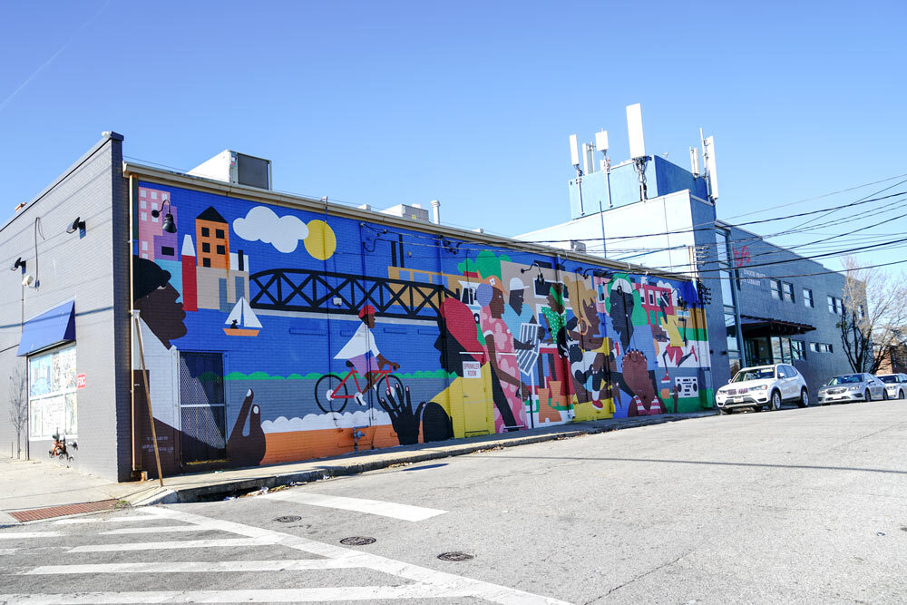 Cherry Hill outside - mural and intersection with crosswalk