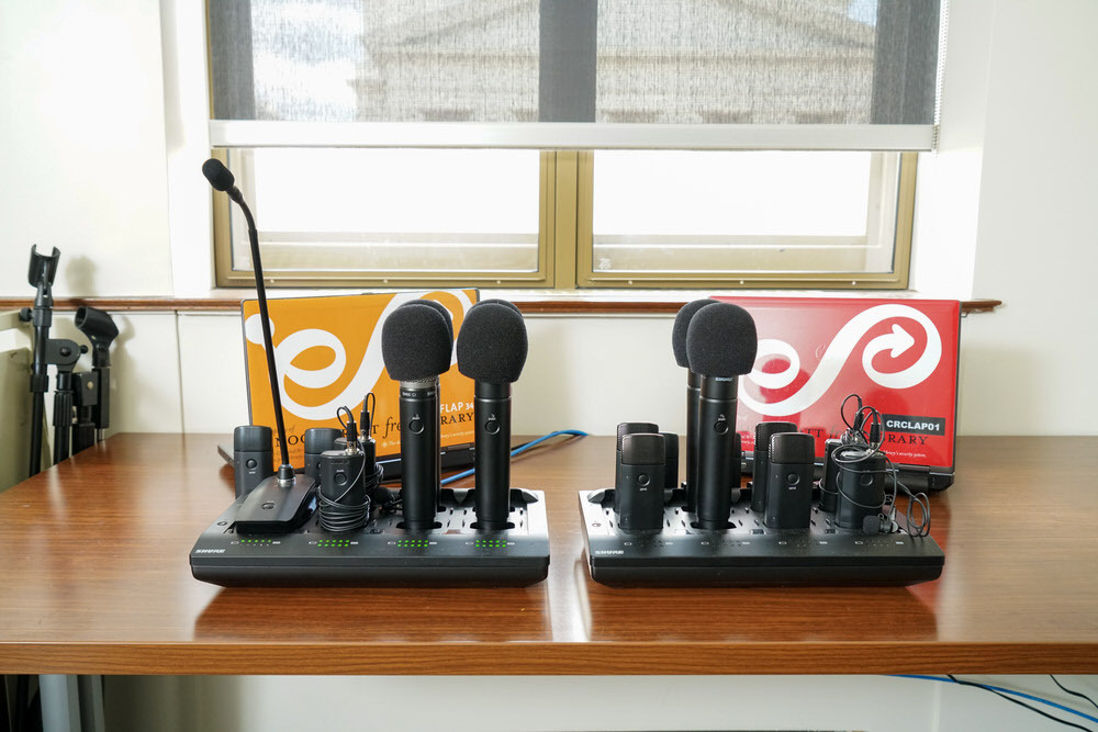 Creative Arts room at the Central Library - tech table with microphones, laptops, and other equipment