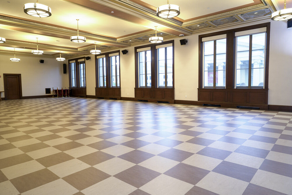 Creative Arts room at the Central Library - empty room with checkerboard floor and natural light from many windows