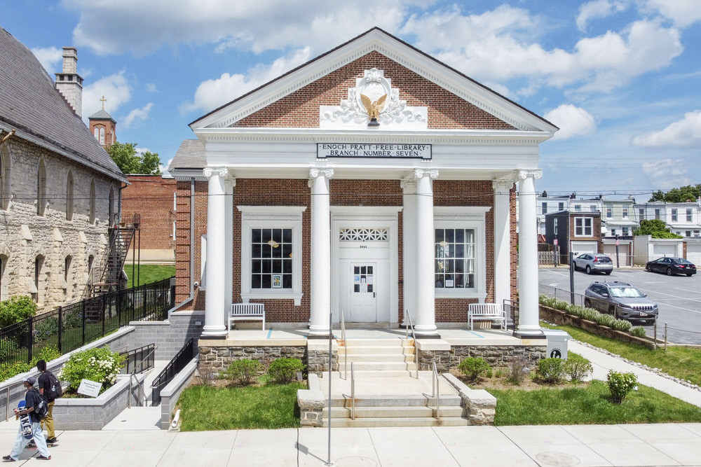 Hampden branch library exterior, showing sidewalks, steps, and 2 side entrance options for meetings and accessibility