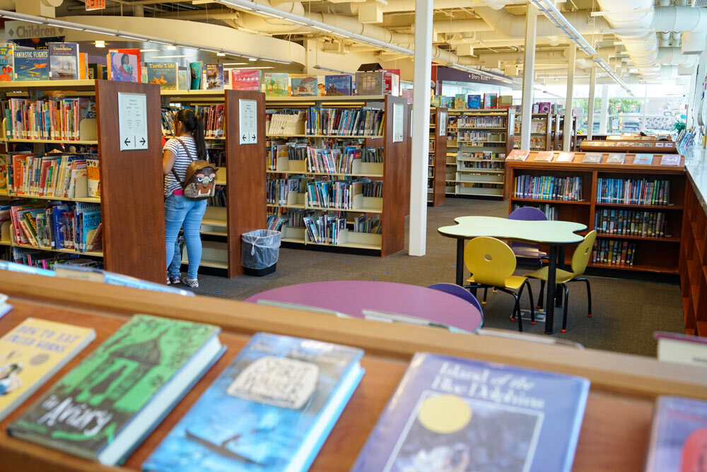 Southeast room view with bookshelves